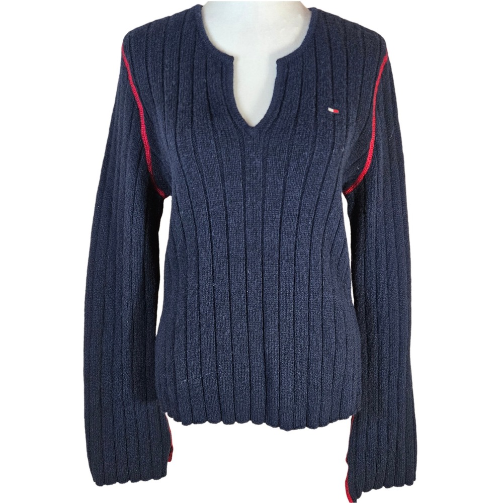 Tommy Jeans Shetland Wool Sweater Women's XL Bell Sleeves Ribbed Knit Y2K Preppy
